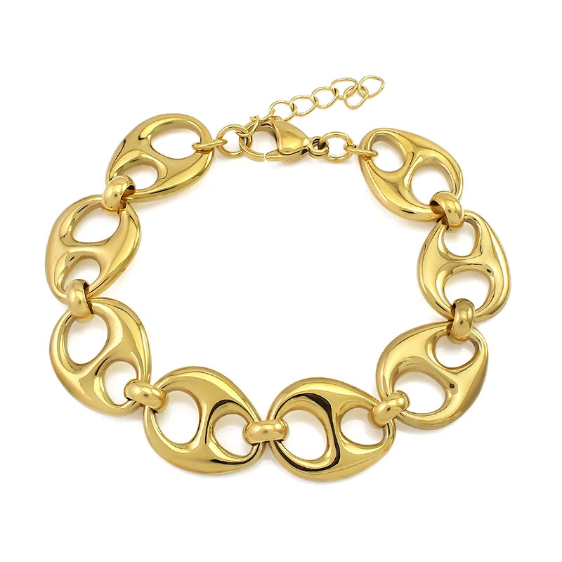 Stainless Steel Oval Button Links Pendant Necklace Choker Gold Color Statement Necklace 15mm Wide Fashion Modern Party Jewelry