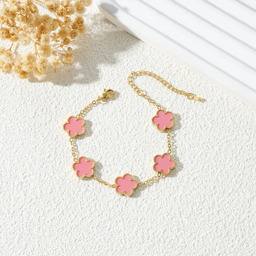 Stainless Steel Bracelet Double Sided Five Leaf Petals Flower Gold Plated Clover Women Fashion Jewelry
