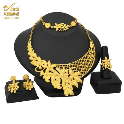 ANIID Indian 24k Gold Color Flower Shape Necklace Earrings Bracelet Ring Set Elegant Bridal Wedding Jewelry Sets for Dubai Lady