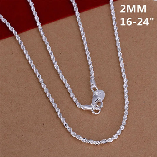 16-30 inches Beautiful Fashion Elegant 925 Sterling Silver Women Men 2mm Chain Cute Rope Necklace Can For Pendant