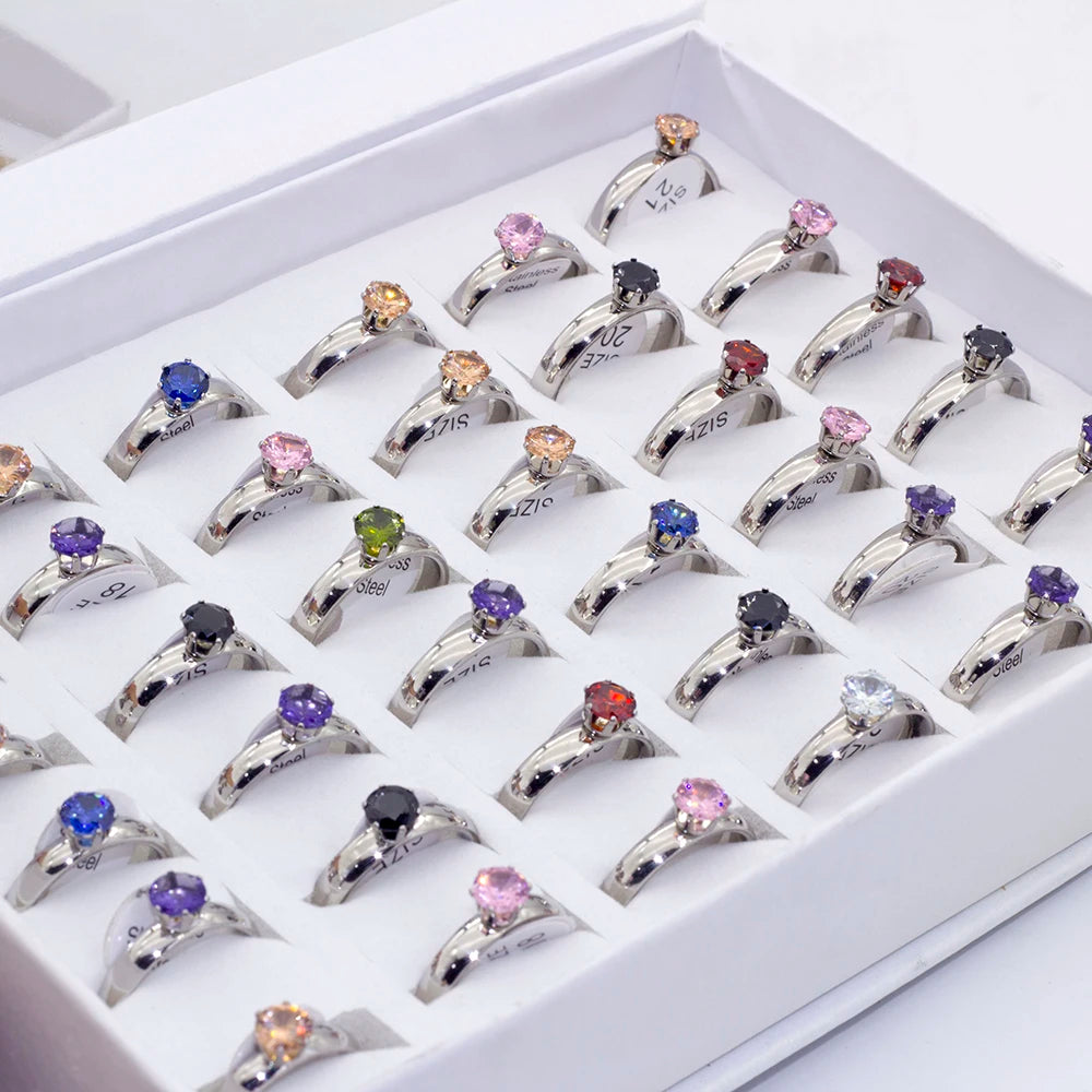 36Pcs/lot Fashion Stainless Steel Zircon Heart Love Rings For Women Mix Style Wedding Engagement Jewelry