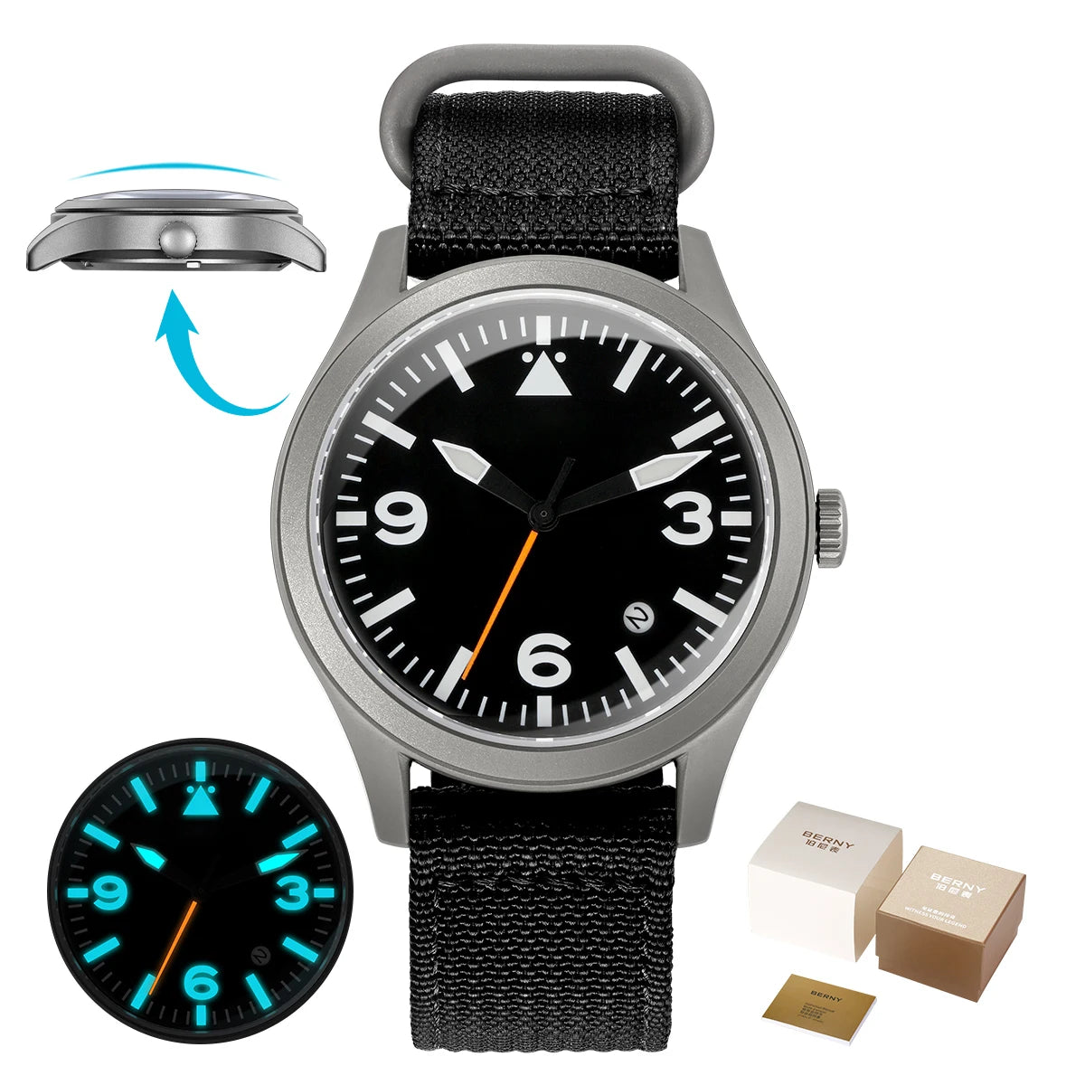 BERNY Pilot Titanium Automatic Watch for Men Sapphire AR Coated 10Bar Supper Luminous Men Wristwatch Sports Aviation Men Watches
