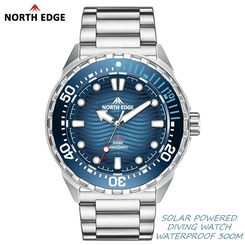 NORTH EDGE Watches for Man TRITON Solar Powered Diving Watch Quartz Wristwatch Stainless Steel Waterproof 300M Luxury Man Watch