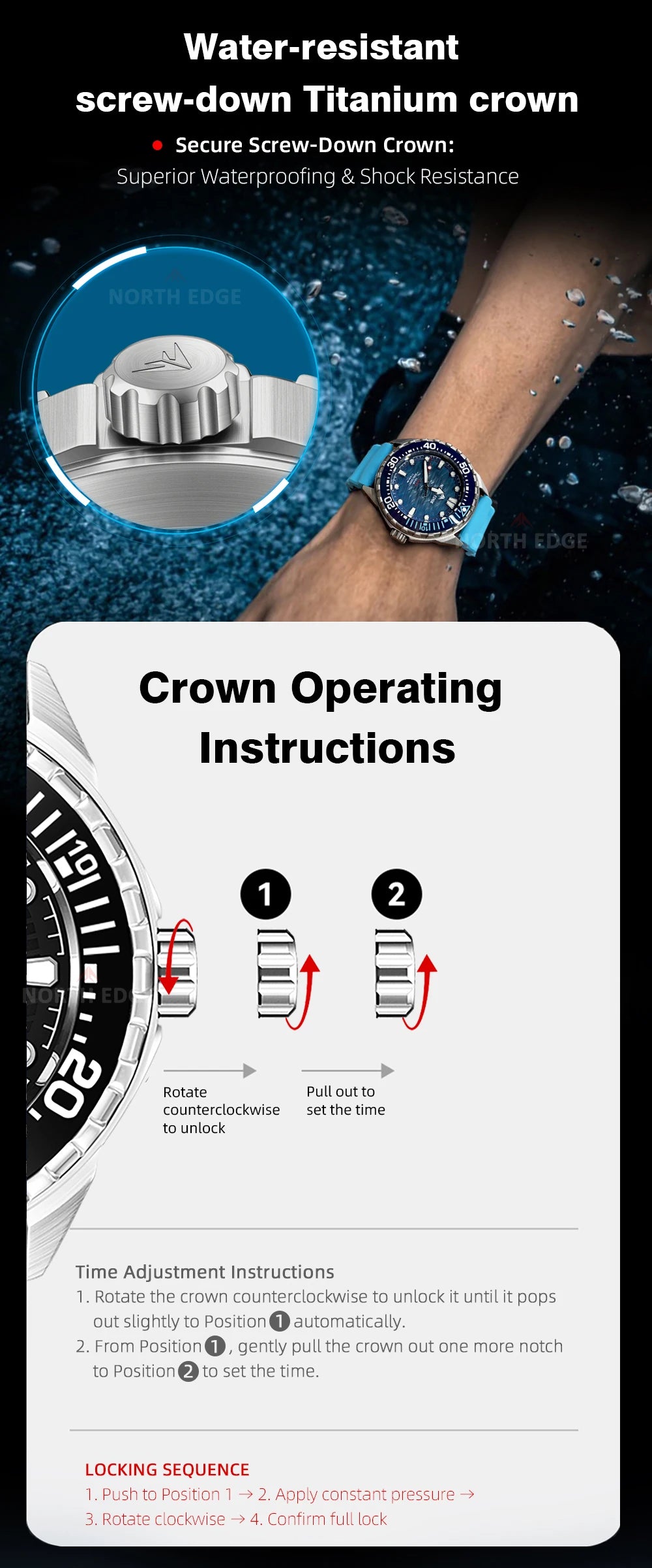 NORTH EDGE TRITON-TI Titanium Solar Diving Watch – 300M Waterproof, 180-Day Power Reserve