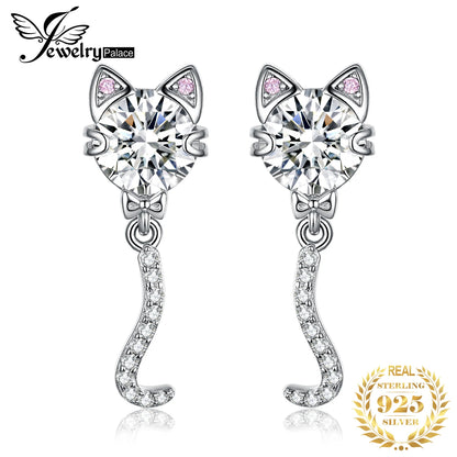 JewelryPalace New Arrival Love Cat Wagging Tail 4ct Round Gemstone 925 Sterling Silver Dangle Stud Earrings for Woman Girl Gift