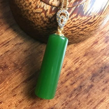 Natural Hetian Jasper Cylindrical Pendant, Spinach Green Jade Pendant for Men and Women