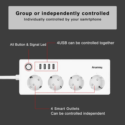 Arumny EU Plug Zigbee Power Strip Tuya Smart Life Zigbee2mqtt 1.8m Extension cord Alexa Google Assistant Voice Controll 16A 220V