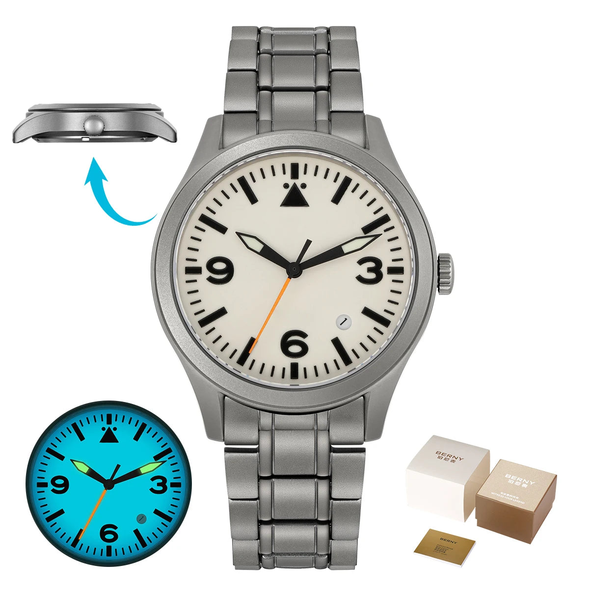 BERNY Pilot Titanium Automatic Watch for Men Sapphire AR Coated 10Bar Supper Luminous Men Wristwatch Sports Aviation Men Watches