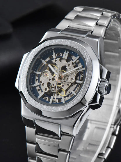 LONGLUX HOT SALE automatic mechanical men watch wholesale no logo waterproof skeleton business  stainless steel gift watch