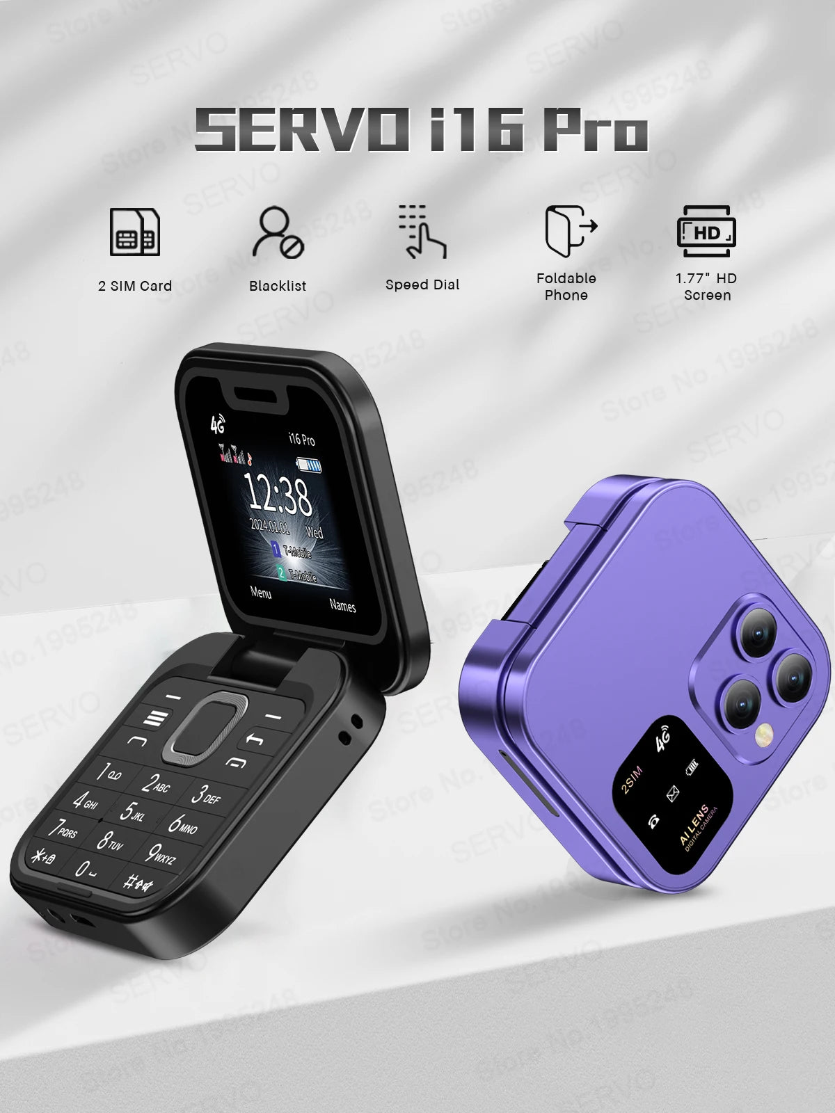 SERVO i16 Pro 2G GSM/4G LTE Network Small Flip Mobile Phone 2 SIM Standby Call Recording Speed Dial 1.77" Mini Folding Cellphone