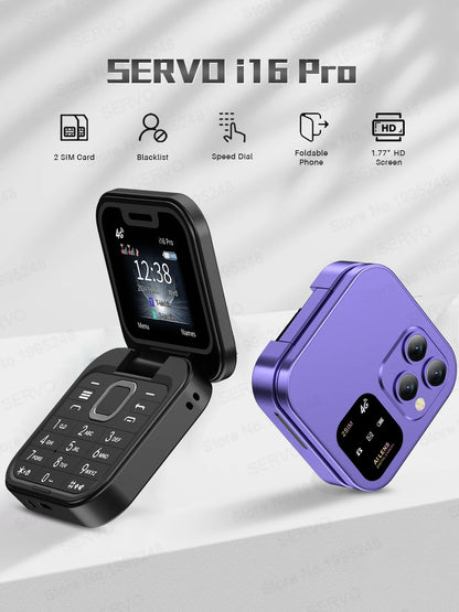 SERVO i16 Pro 2G GSM/4G LTE Network Small Flip Mobile Phone 2 SIM Standby Call Recording Speed Dial 1.77" Mini Folding Cellphone
