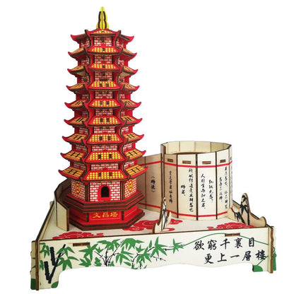 DIY 3D Jigsaw Leifeng Pagoda Wooden Puzzle Wenchang Tower Building Model Game Assembly Constructor Toys For Children Gift