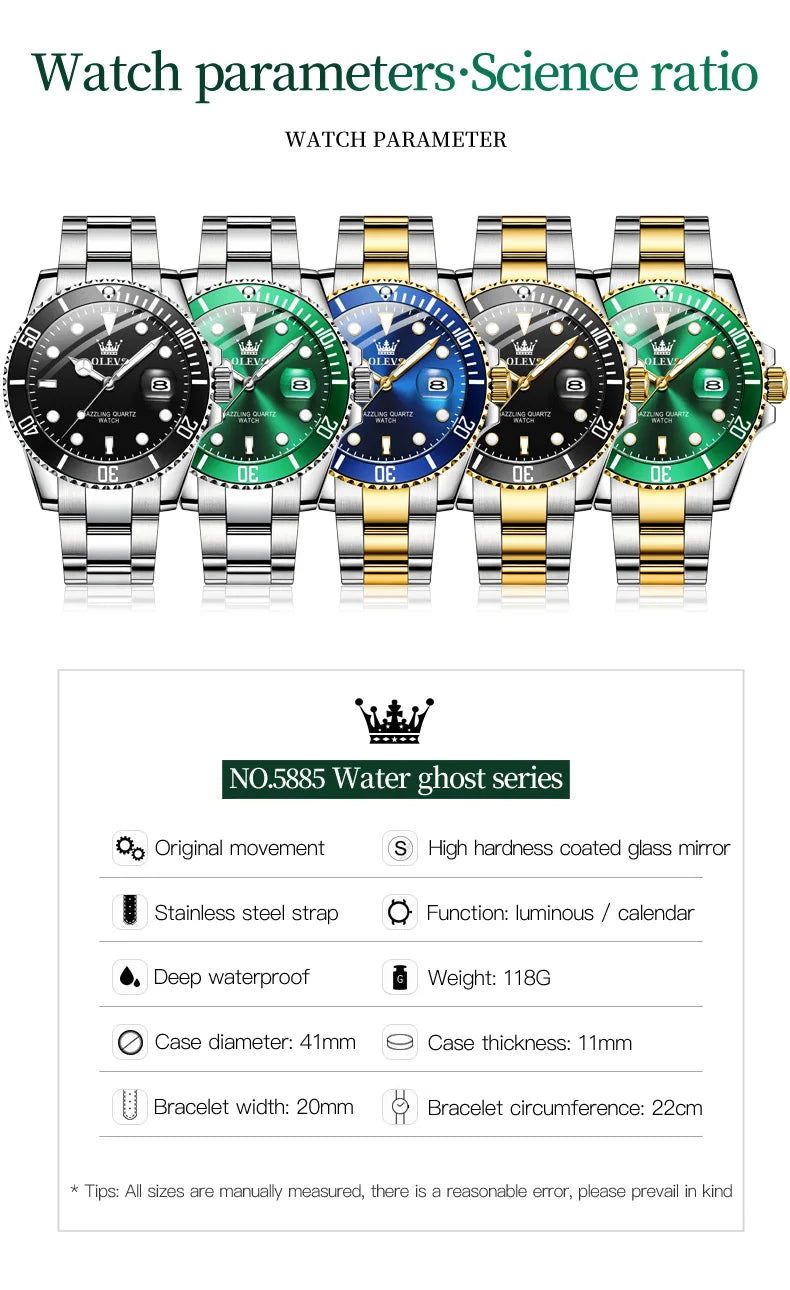 OLEVS 5885 Men's Watches Business Stainless Steel Strap Green Quartz Watch Waterproof Calendar Luminous High Quality Wristwatch