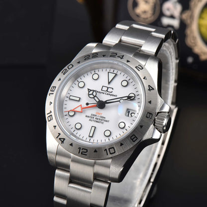 Dwayne Campbell Mater II NH34AA GMT Mechanical Men Watch Orange Hand White black Dial  Band Waterproof Wristwatch 24 Hours Bezel
