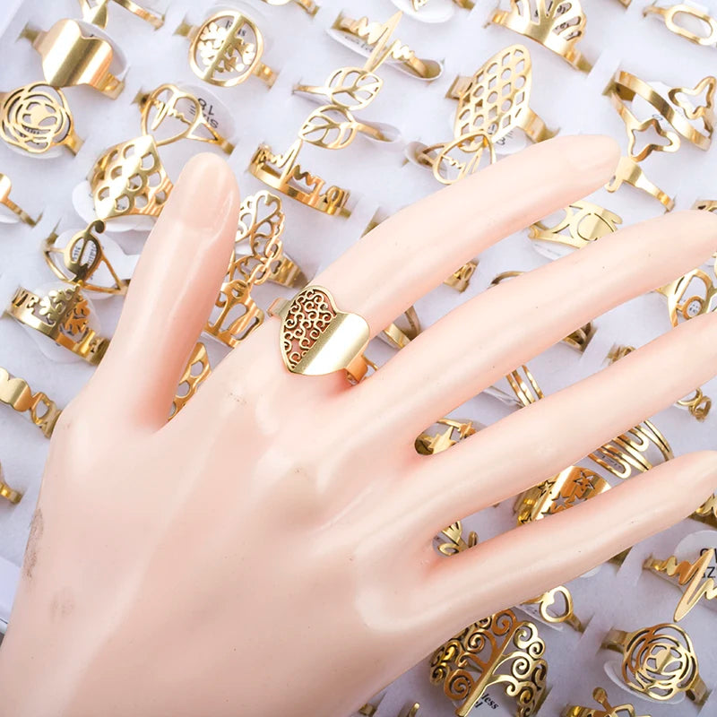 100 Pieces Stainless Steel Engraved Rings for Men and Women Fashion Charm Jewelry Gift Hollow Flower Finger Rings Wholesale Lots