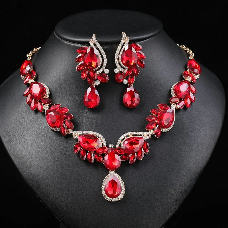 New Style Gorgeous Colorful Crystal Rhinestone Lucky Necklace Earring Set Wedding Party Costume Jewellery