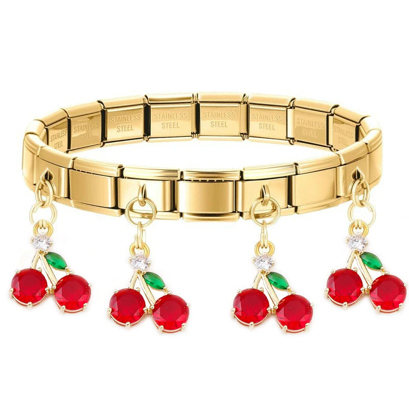 Geometric Square Stainless Steel Elastic Strap Bangle Bracelets for Women Strawberry Cherry Pendant Bracelets Hand Jewelry Gift