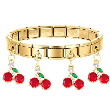 Geometric Square Stainless Steel Elastic Strap Bangle Bracelets for Women Strawberry Cherry Pendant Bracelets Hand Jewelry Gift