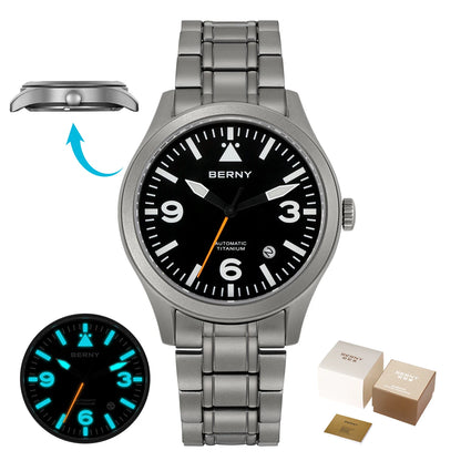 BERNY Pilot Titanium Automatic Watch for Men Sapphire AR Coated 10Bar Supper Luminous Men Wristwatch Sports Aviation Men Watches