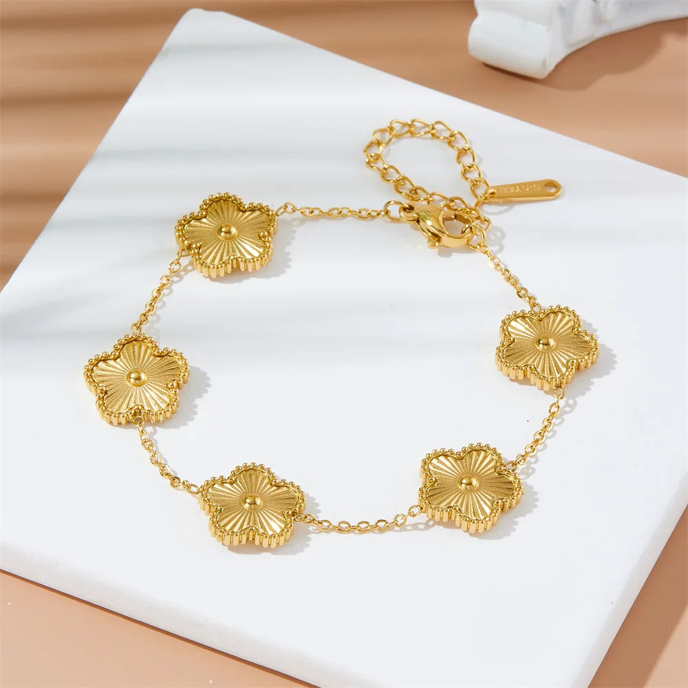Stainless Steel Bracelet Double Sided Five Leaf Petals Flower Gold Plated Clover Women Fashion Jewelry