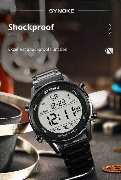 SYNOKE Top Luxury Stainless Steel Strap Sport Watches Mens Waterproof Back Light Digital Wristwatch Male Alarm