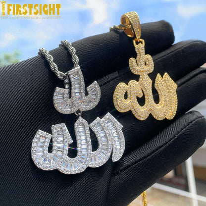 Iced Out Muslims Allah Pendant Necklace Silver Color Pave Zircon CZ Letter Charm Bling Women Men Hip Hop Jewelry