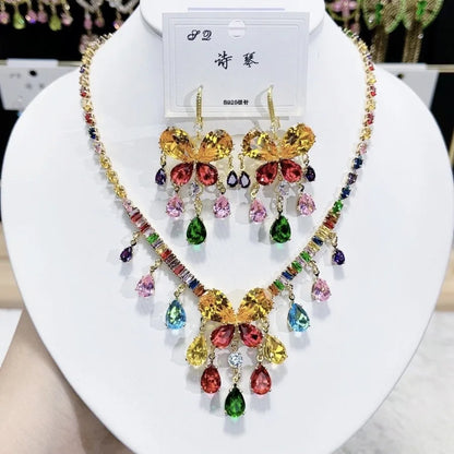 Multicolor Waterdrop Tassel Zirconia Necklace Earrings Women New Silver Color Bridal Wedding Fashion Jewelry Set Party Gifts