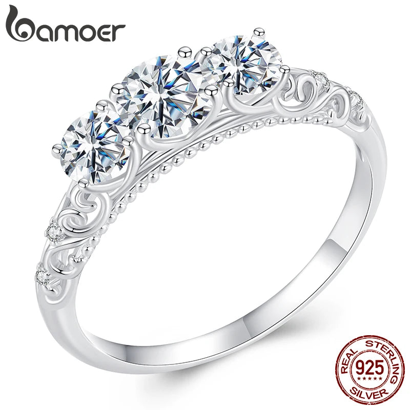 BAMOER 1.1CTTW Round Moissanite Ring for Women, White Gold Plated D Color VVS1 Lab Diamond 925 Sterling Silver Engagement Ring