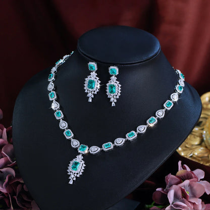 CWWZircons Fringed Drop Full Luxurious Cubic Zirconia Paved Women Wedding Big Necklace Earring Dress Jewelry Set for Brides T630