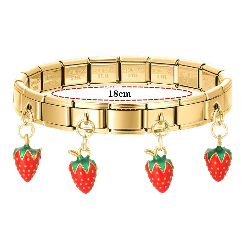 Geometric Square Stainless Steel Elastic Strap Bangle Bracelets for Women Strawberry Cherry Pendant Bracelets Hand Jewelry Gift