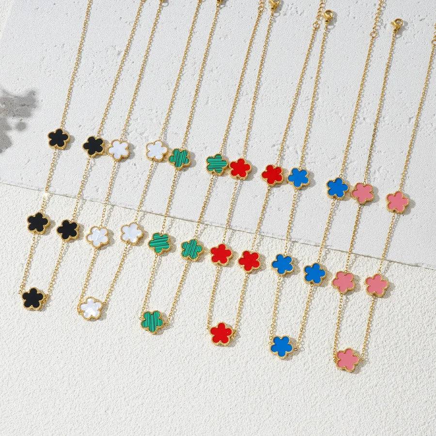 Stainless Steel Bracelet Double Sided Five Leaf Petals Flower Gold Plated Clover Women Fashion Jewelry