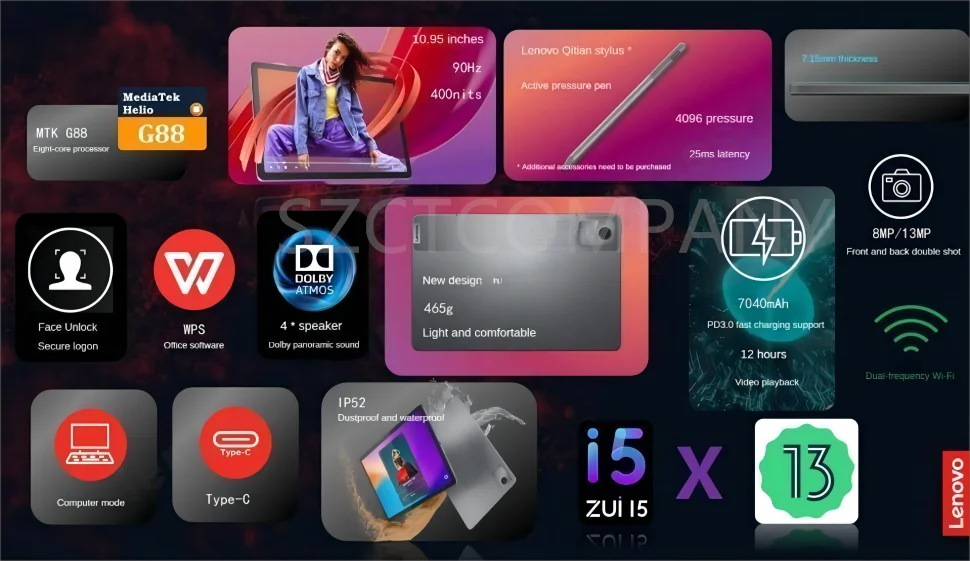 Global Firmware 8GB 128GB CN Version Original New Lenovo Pads Zhaoyang Tab K10 10.95' 90Hz MTK Helio G88 Tablets 7040mAh