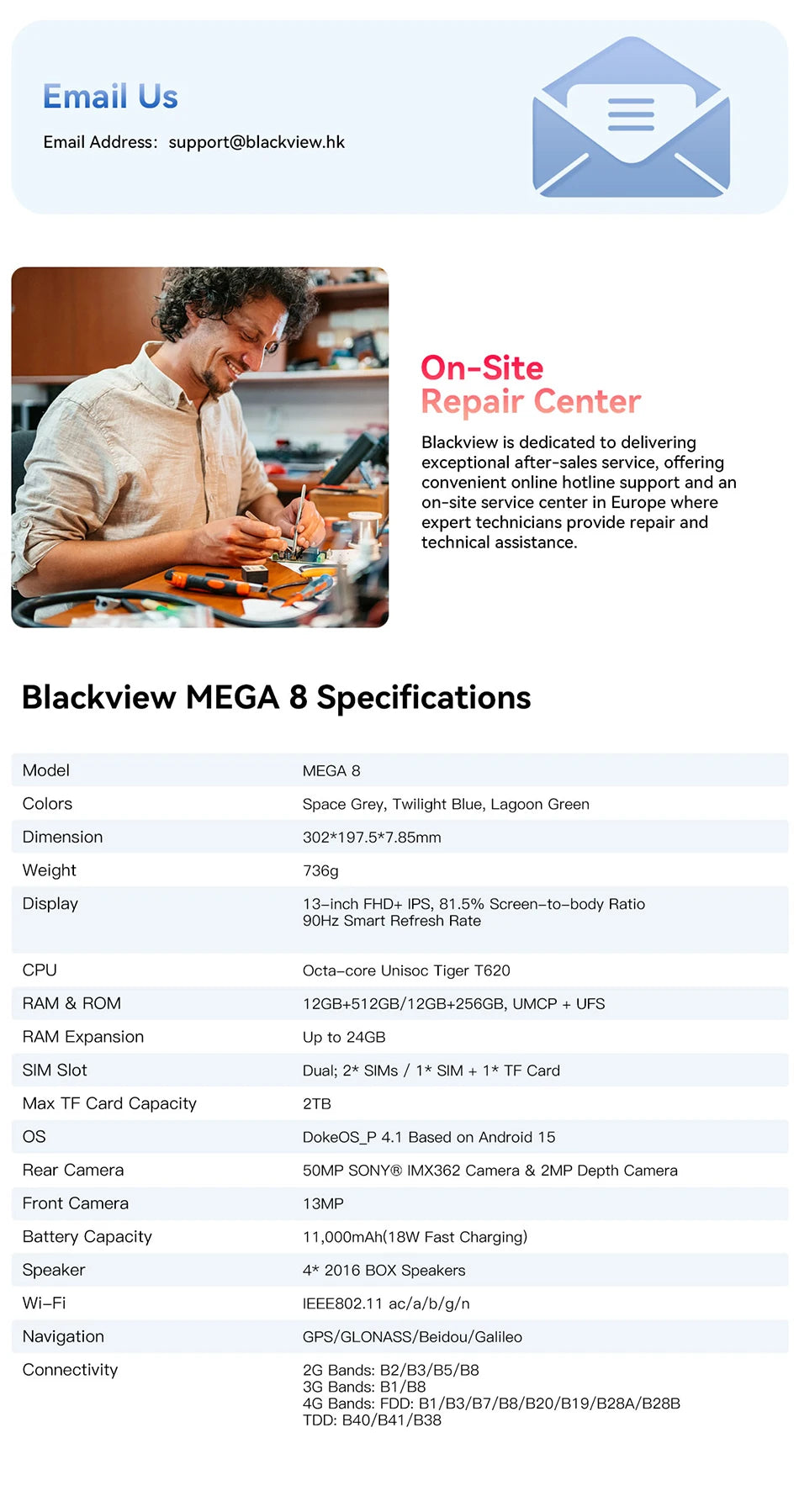 【World premiere】Blackview MEGA 8 Tablet 13 inch FHD+ 90Hz Display AI 11000mAh  Android 15 50Mp Camera 4 BOX Speakers 4G Pad PC