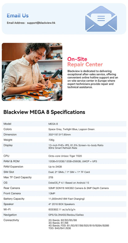 【World premiere】Blackview MEGA 8 Tablet 13 inch FHD+ 90Hz Display AI 11000mAh  Android 15 50Mp Camera 4 BOX Speakers 4G Pad PC