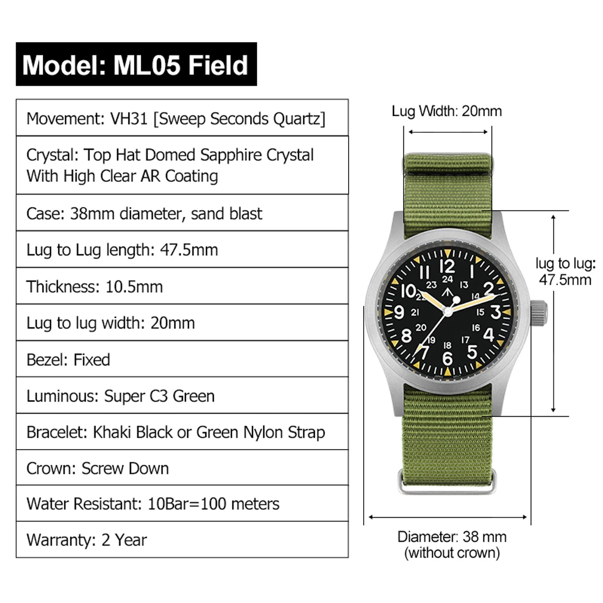 Militado ML05 38mm Vintage Watch VH31 Quartz Movement Field Watches Domed Sapphire Crystal With High Clear AR Coating Wristwatch