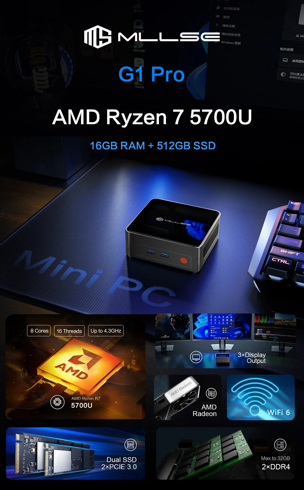 MLLSE G1 Pro Mini PC AMD Ryzen7 5700U DDR4 16GB RAM 512GB SSD WiFi6 BT5.2 Windows 11 Pro Mini Desktop Computer Gaming Work
