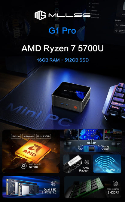 MLLSE G1 Pro Mini PC AMD Ryzen7 5700U DDR4 16GB RAM 512GB SSD WiFi6 BT5.2 Windows 11 Pro Mini Desktop Computer Gaming Work