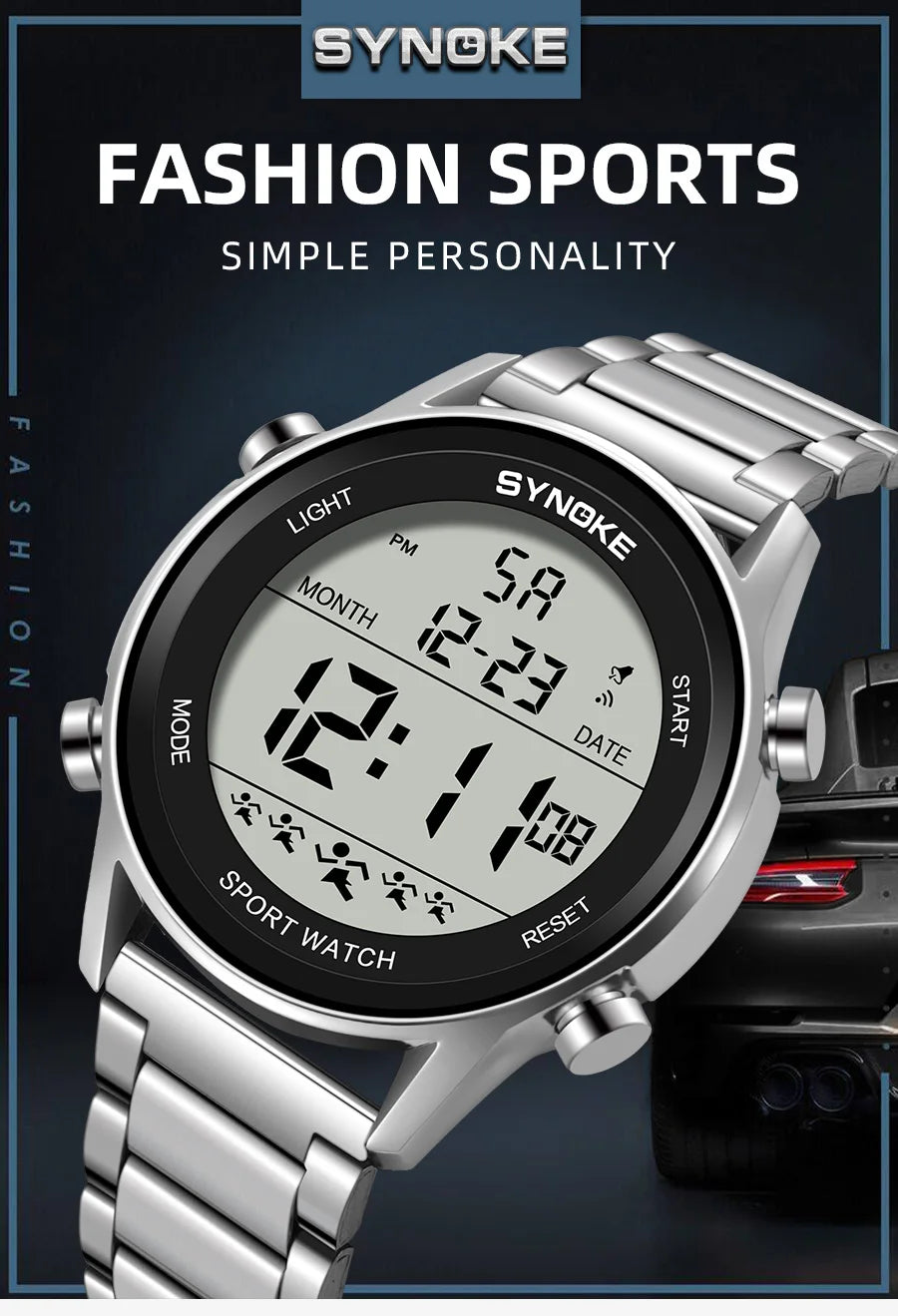 SYNOKE Top Luxury Stainless Steel Strap Sport Watches Mens Waterproof Back Light Digital Wristwatch Male Alarm