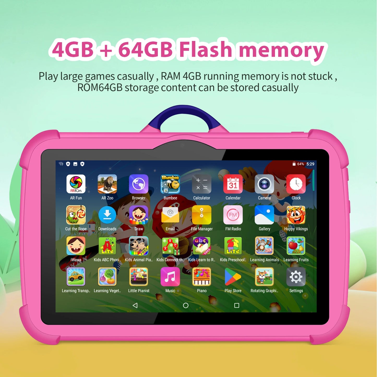 Kids Tablet 7 Inch Cartoon Pattern - Quad Core 4GB RAM 64GB ROM Android Learning Education Games Gift