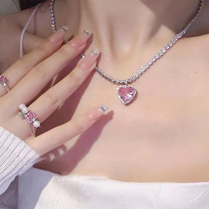 Sweet Kpop Colored Zircon Square Rhinestone Pendant Necklace For Women Y2K Korean Fashion Hoop Metal Choker Collar Jewelry Gift