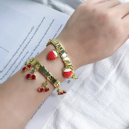Geometric Square Stainless Steel Elastic Strap Bangle Bracelets for Women Strawberry Cherry Pendant Bracelets Hand Jewelry Gift