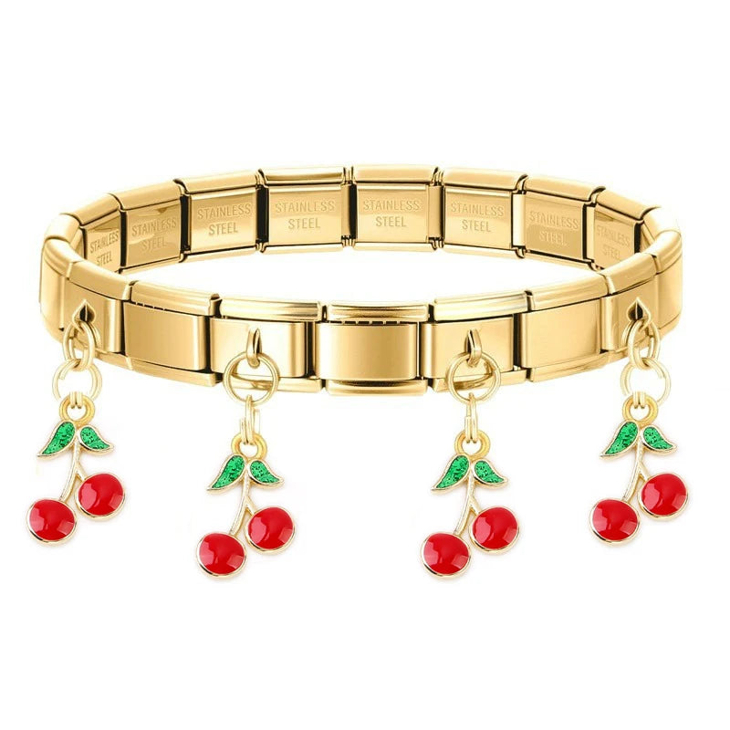 Geometric Square Stainless Steel Elastic Strap Bangle Bracelets for Women Strawberry Cherry Pendant Bracelets Hand Jewelry Gift