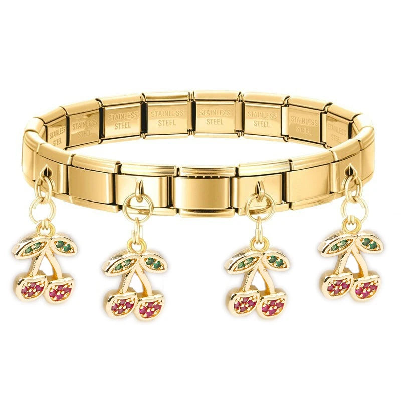 Geometric Square Stainless Steel Elastic Strap Bangle Bracelets for Women Strawberry Cherry Pendant Bracelets Hand Jewelry Gift