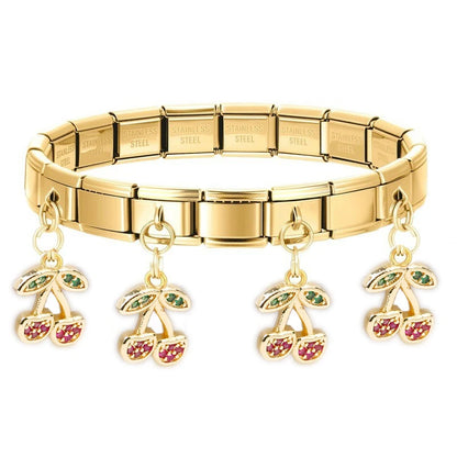 Geometric Square Stainless Steel Elastic Strap Bangle Bracelets for Women Strawberry Cherry Pendant Bracelets Hand Jewelry Gift