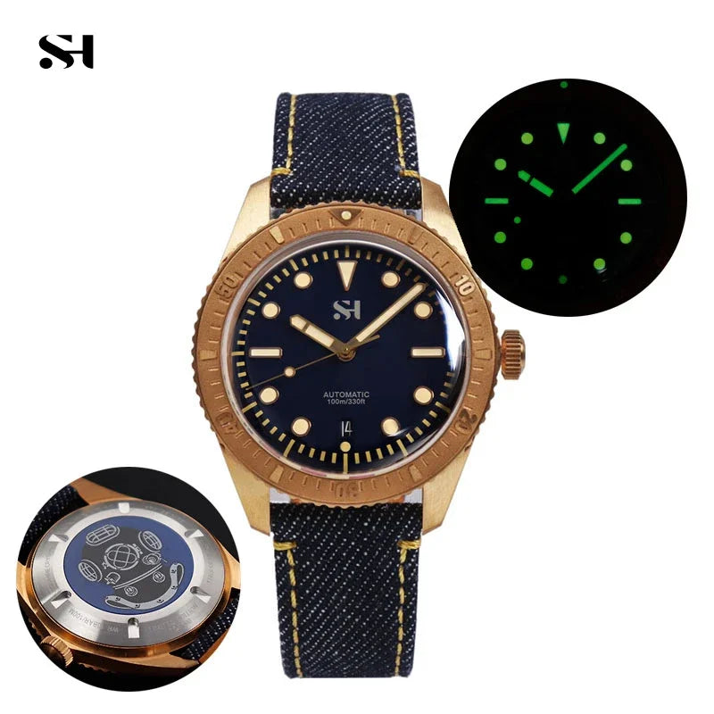 SH Bronze Watches Business Simple Men Mechanical Watch Horween Leather Strap Unique Denim Relojes Luminous 100m Waterproof CUSN6