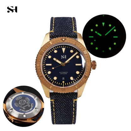 SH Bronze Watches Business Simple Men Mechanical Watch Horween Leather Strap Unique Denim Relojes Luminous 100m Waterproof CUSN6