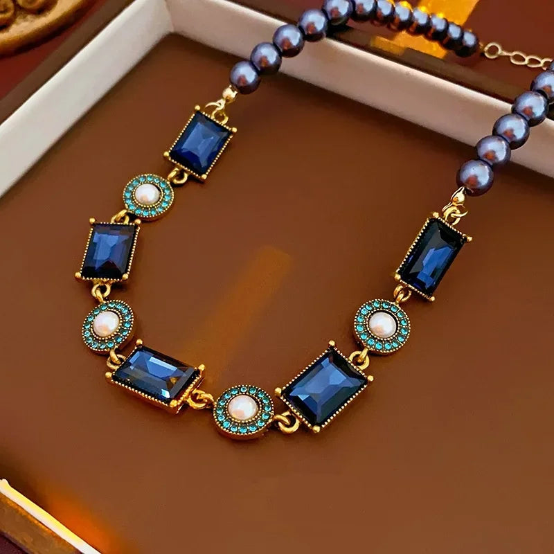 Dark Blue Rhinestone Square Pearl Necklace Earring for Women Medieval Vintage Collarbone Chain Exquisite Sparkle Jewelry Sets