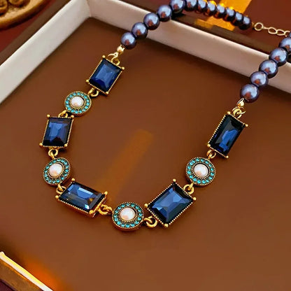 Dark Blue Rhinestone Square Pearl Necklace Earring for Women Medieval Vintage Collarbone Chain Exquisite Sparkle Jewelry Sets