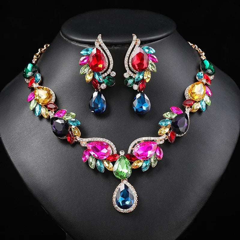 New Style Gorgeous Colorful Crystal Rhinestone Lucky Necklace Earring Set Wedding Party Costume Jewellery