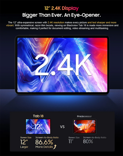 Blackview Tab 18 Tablet - 12" 2.4K FHD+ Display 8GB 256GB MTK Helio G99 8800mAh Pressure Sensitivity